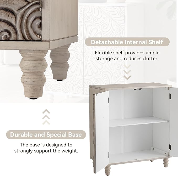 COSIEST 32" W Sideboard Buffet Cabinet with Storage, Accent Cabinet with 2 Push-to-Open Magnetic Doors, Vintage MDF Buffet Table for Living Room, Kitchen, Hallway (Gray,Flower Pattern)