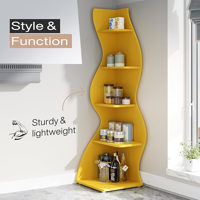 Tribesigns Corner Shelf, Modern 5-Tier Wall Corner Bookshelf, Stylish Corner Small Bookcase Storage Rack Plant Stand with Unique Shape for Living Room, Home Office (Yellow, 2PCS)