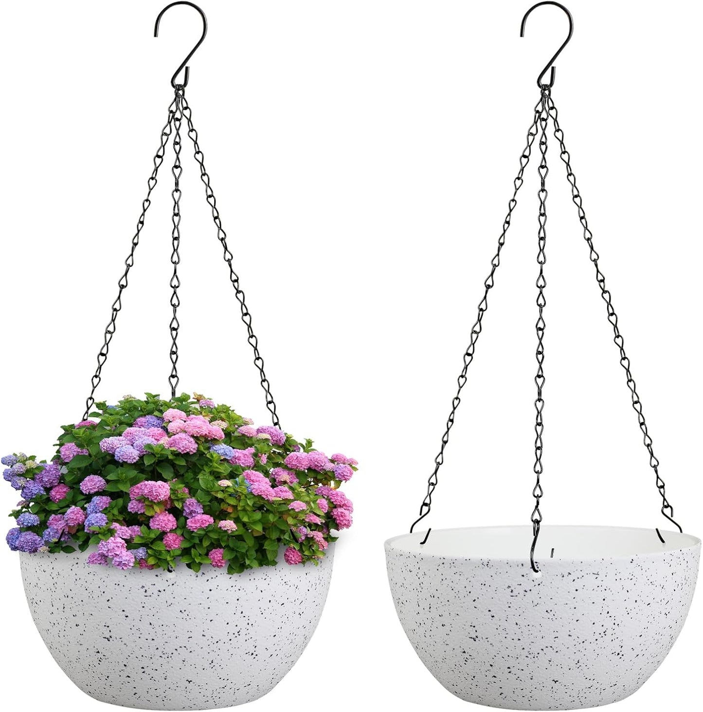 10 inch Hanging Planters for Indoor Outdoor Plants, 2 Pack Hanging Flower Pots with Drainage Holes and Chain for Garden Porch, Plastic Hanging Baskets for House Plants, Speckled White