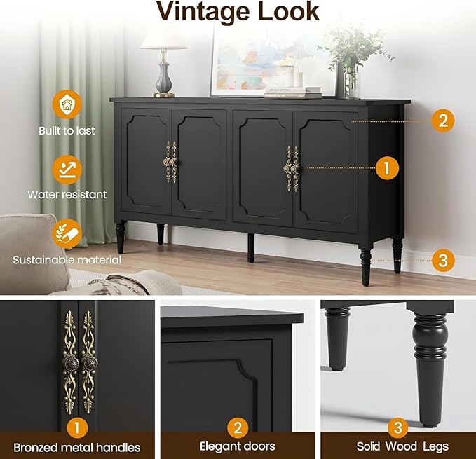 RoyalCraft Buffet Sideboard Table 2 pcs, 59'' Mid Century Modern Console Table, Media Cabinet with 4 Doors, Accent Cabinet Wood Sideboard, for Entryway, Living Room, Dining Room, Satin Black
