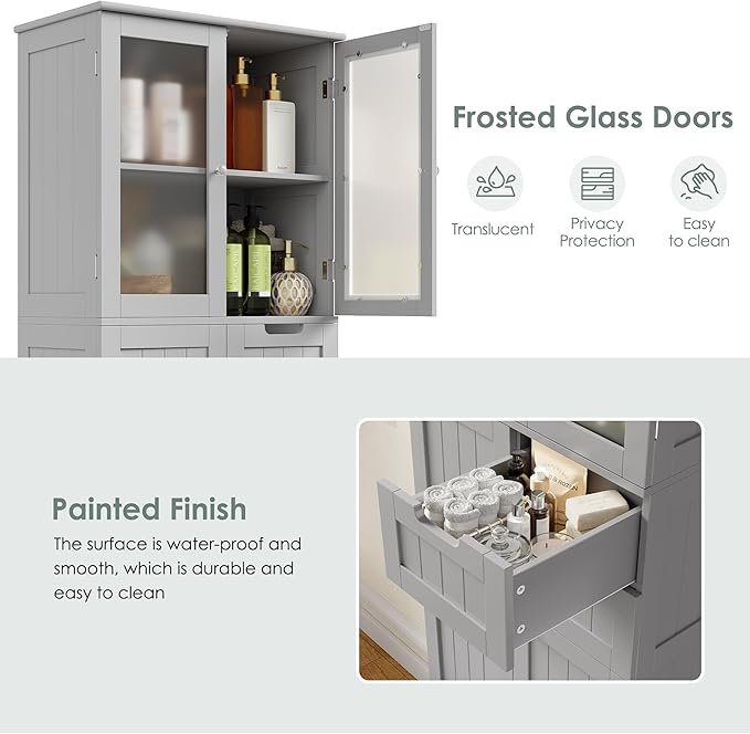 67'' Tall Bathroom Storage Cabinet, Kitchen Pantry Cabinet with Glass Doors and Adjustable Shelves, Kitchen Cupboard with 2 Drawers for Bathroom, Dining Room, Grey