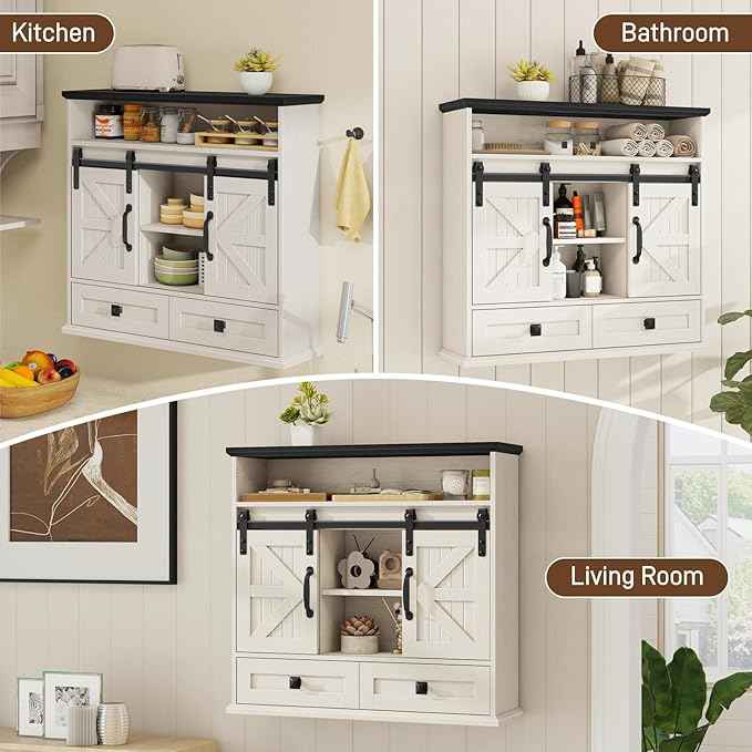 Vabches Bathroom Wall Cabinet, Farmhouse Medicine Cabinet with Double Sliding Barn Door and Storage Drawer, Wooden Vintage Storage Cabinet Wall Mounted for Bathroom, Kitchen, Rustic White and Black