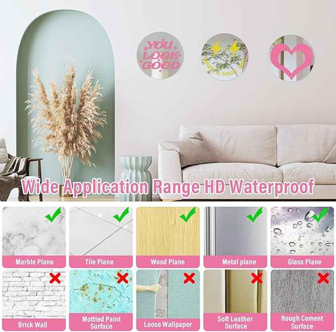 DARENYI 6 Inch Preppy Mirror Tiles for Teen Girls Room Decor, 3Pcs Round Acrylic Wall Stickers, Self Adhesive Sheets for Bathroom, Bedroom, Living Room