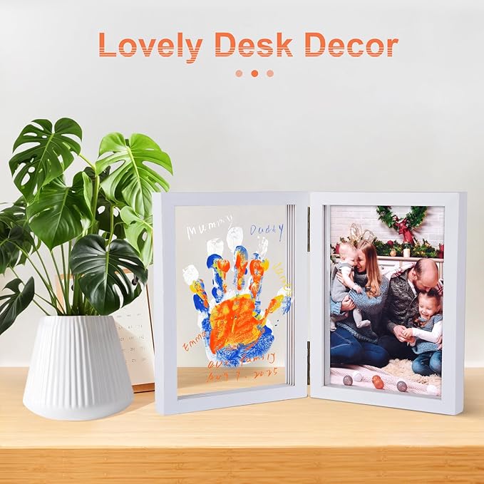 Family Handprint Photo Frame with 12 Paints & 12 Pens, 5 Transparent Sheets, Gift for Mom Dad Grandparents from Kids (White)