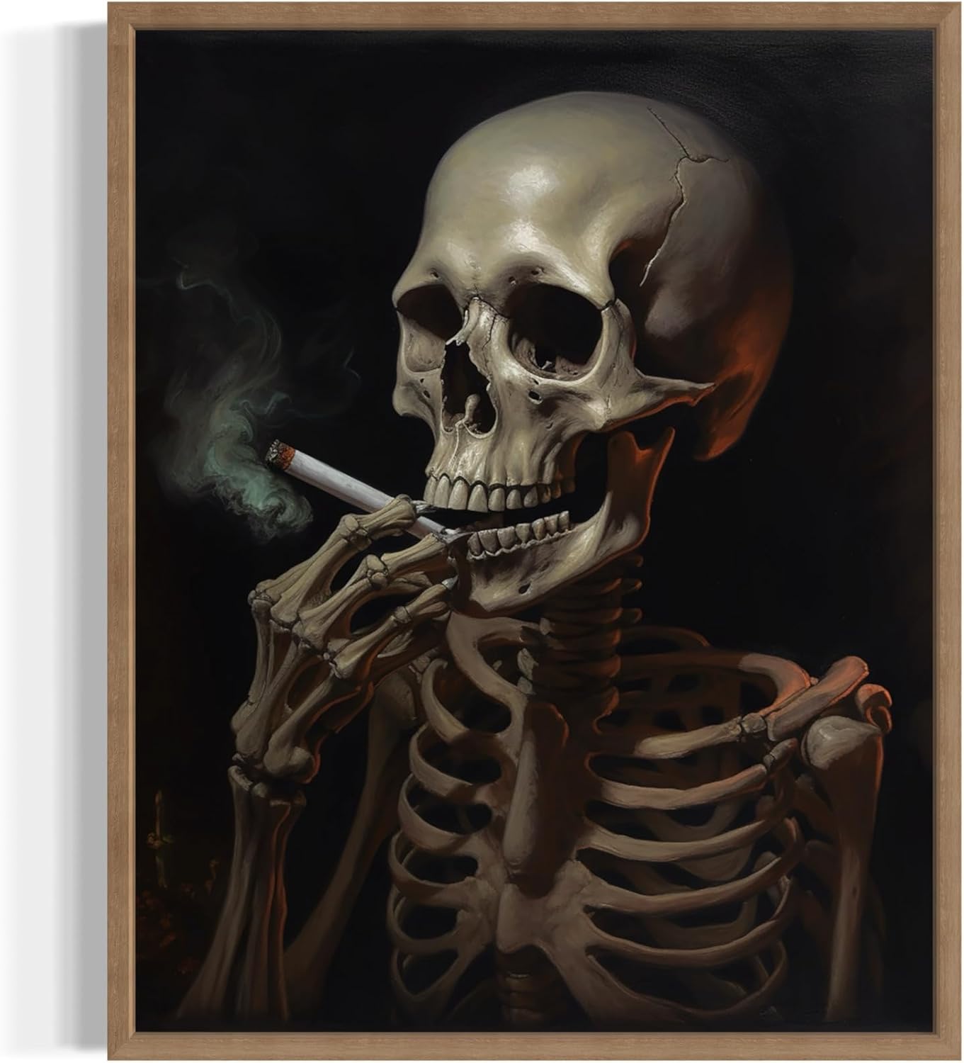 Skull Smoking Ciggarettes Poster Art Print, Halloween Scary Vintage Wall Art Academia Spooky Painting Decoration for Horror Prints, Gothic Posters Bedroom Decor 89 (Skull Smoking Ciggarettes, 8 x 10 inches, Wood Frame)