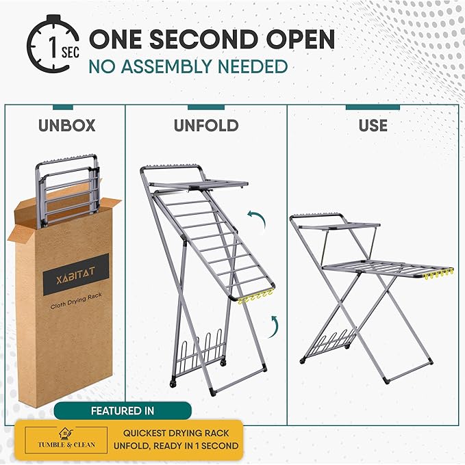 XABITAT Clothes Drying Rack with Shoe Dryer, No Assembly, Metal Construction, Non-Slip Feet, 2 Level with Hooks, Hidden Wheels, Foldable, Portable, Ideal for Laundry Room, Indoor & Outdoor