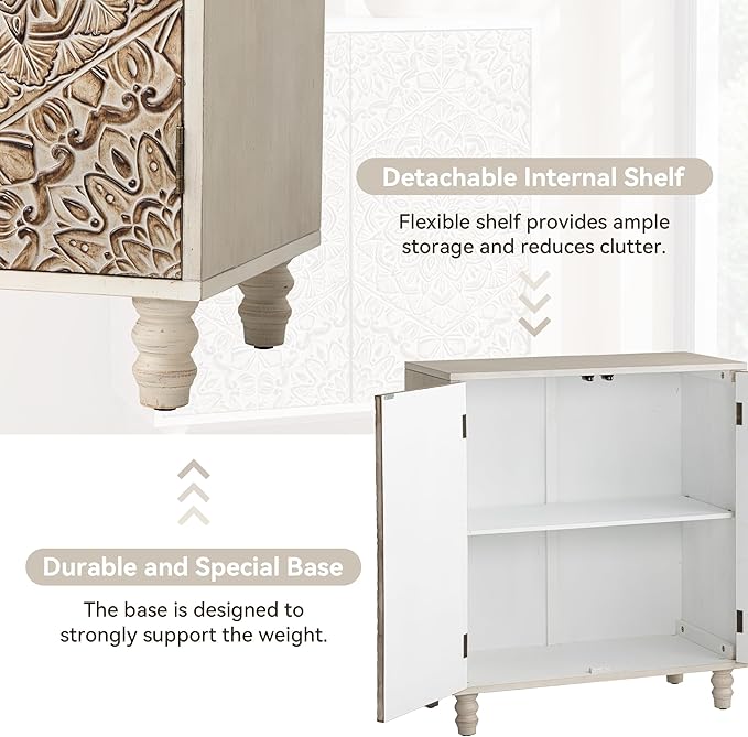COSIEST Set of 2 32" Buffet Sideboard Cabinets with Vintage Firework Carved Pinewood Doors, Push-to-Open, Storage Accent Cabinet for Living Room, Kitchen, Hallway, Gray