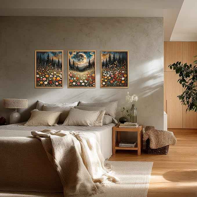 Cyebmo Boho Wildflower Wall Art, Moon Forest Wall Decor, Rustic Mountain Landscape Flower Art Prints, Mystical Starry Night Poster Prints for Living Room Bedroom Office Wood Framed 12''x16''x3
