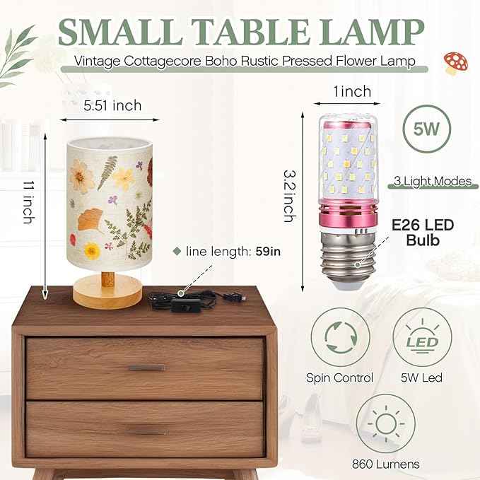 Hortsun Pressed Flower Lamp Vintage Table Small Lamp Cottagecore Decor Boho Night Light Decorative Rustic Night Light for Bedroom, Living Room or Office, Valentine Gift for Women(Modern Style)