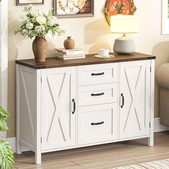 Vabches File Cabinet with 3 Drawers, Farmhouse Lateral File Cabinet Fits Files Letter/A4 Size, Wooden Filing Cabinet with Door and Adjustable Shelves Printer Stand for Home Office, Rustic White