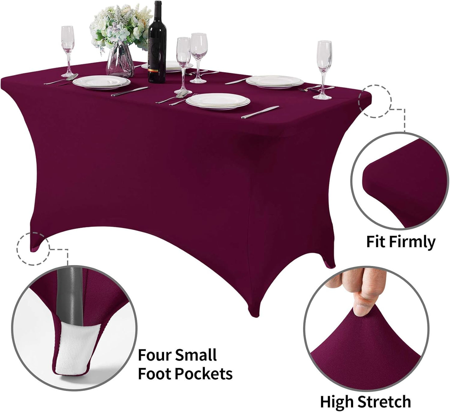 2Pack Spandex Table Cover for 4FT or 6ft or 9ft Table Universal Fitted Stretch Tablecloth for Party, Banquet, Wedding and Events-Burgundy