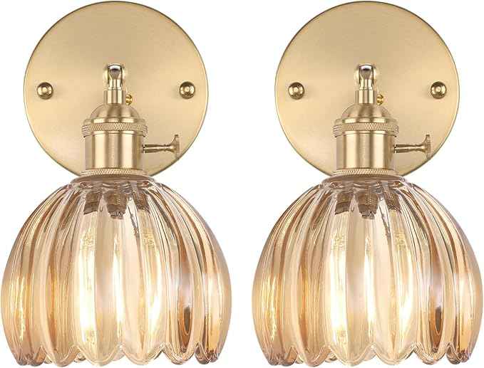 Vintage Wall Sconces Set of 2 with Amber Tulip Glass Lampshade 180 Degree Adjustable Brass Sconces Hradwired Modern Wall Lighting Fixture with Switch for Bedside Bedroom Doorway