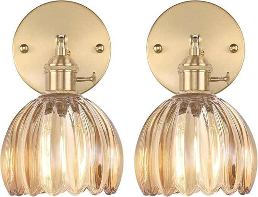 Vintage Wall Sconces Set of 2 with Amber Tulip Glass Lampshade 180 Degree Adjustable Brass Sconces Hradwired Modern Wall Lighting Fixture with Switch for Bedside Bedroom Doorway
