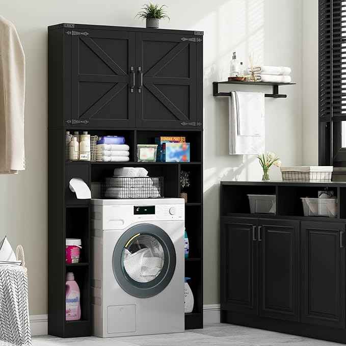 Vabches Over The Toilet Storage Cabinet, Farmhouse Storage Cabinet Over Toilet with 2 Barn Doors ，Toilet Paper Holder Stand，Home Space-Saving Toilet Rack, for Laundry, Restroom, Bathroom.Black.