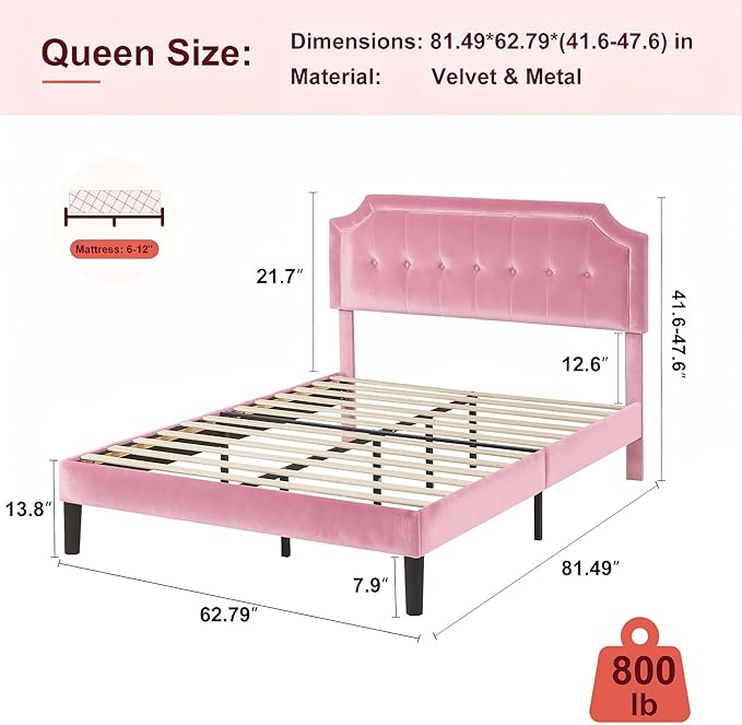 VECELO Queen Size Bed Frame with Velvet Upholstered Headboard, Platform Bedframe Mattress Foundation, Sturdy Wooden Slats Support,No Box Spring Needed Noise Free/Easy Assembly,Pink