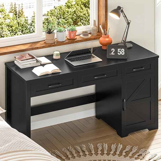 Vabches Farmhouse 55" Executive Desk,Computer Desk with 3 Drawers and Storage Cabinet,Home Office Desk for Work and Study. Pure Black