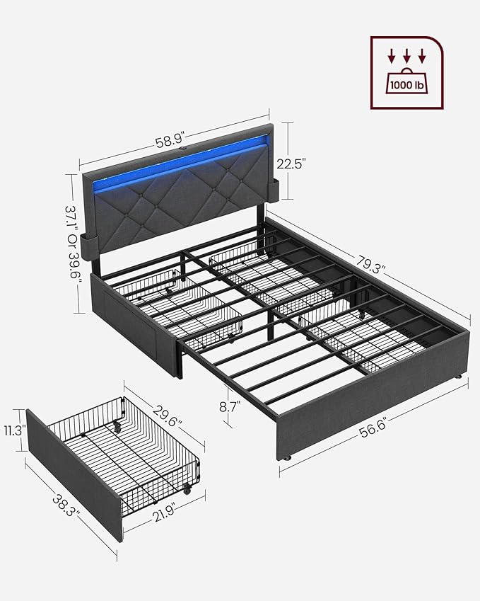 VASAGLE LED Bed Frame Full Size, Full Bed with Headboard and 4 Drawers, 1 USB Port and 1 Type C Port, Adjustable Upholstered Headboard 37.1/39.6 Inches, No Box Spring Needed, Dark Gray URMB822G71