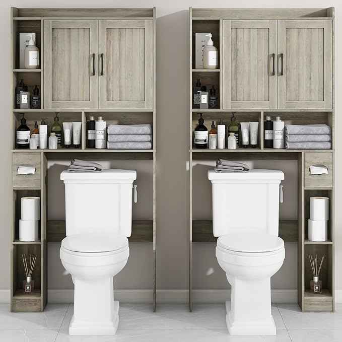 Farmhouse Storage Cabinet Over Toilet with 2 Barn Doors & Toilet Paper Holder Stand, Space-Saving Bathroom Rack