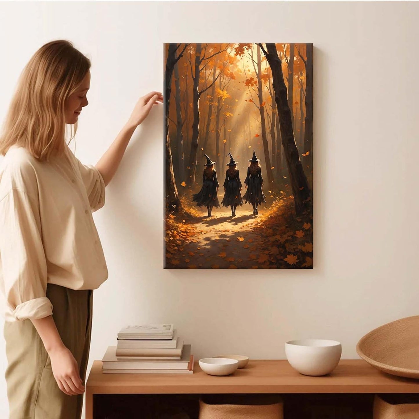 Three witches walking in the forest in autumn canvas painting gothic poster halloween print country witch wall art for home decoration24x36in Wood Framed