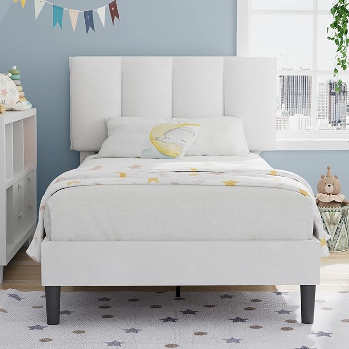 VECELO Twin Bed Frame with Upholstered Headboard, Heavy-Duty Platform Bedframe with Strong Wooden Slats Support, No Boxing Spring Needed, Pure White