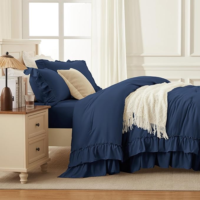 Andency Navy Blue Queen Comforter Set (90x90Inch), 3 Pieces Lightweight Fluffy Ruffle Bedding Comforter Sets for Queen Bed, Farmhouse Shabby Chic Soft Microfiber All Season Bed Set