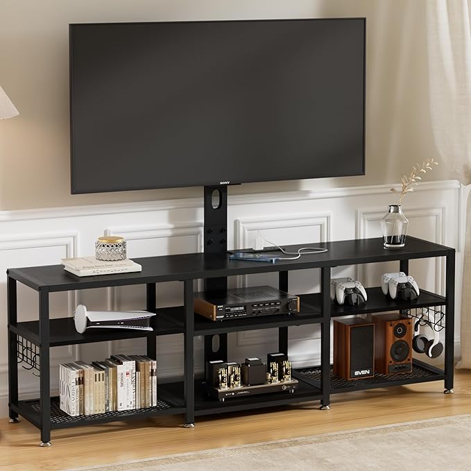 VECELO TV Stand with Mount and Power Outlets, Entertainment Center for 55/60/65/70/75 inch TVs, Height Adjustable Media Console with Storage Shelves, for Living Room, Bedroom, Black