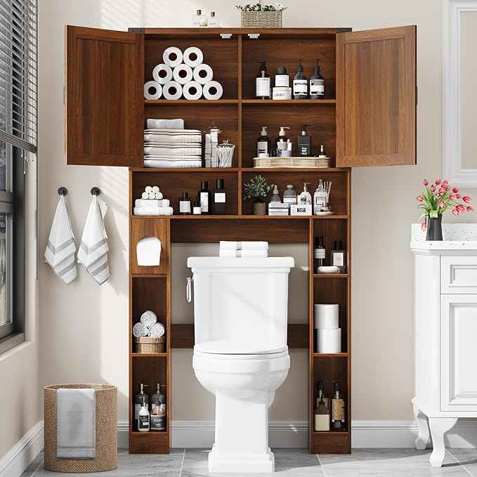 Vabches Over The Toilet Storage Cabinet, Farmhouse Storage Cabinet Over Toilet with 2 Barn Doors ，Toilet Paper Holder Stand，Home Space-Saving Toilet Rack, for Laundry, Restroom, Bathroom.Caramel.