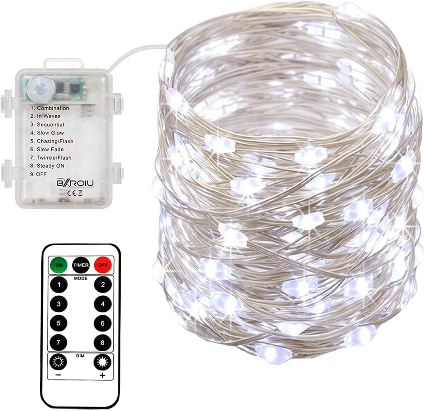 4 x Fairy Lights Battery Operated, Silver Wire Chains 8 Mode 5M 50 LEDs Timer String Lights with Remote Control for Bedroom Christmas Party Wedding Decoration