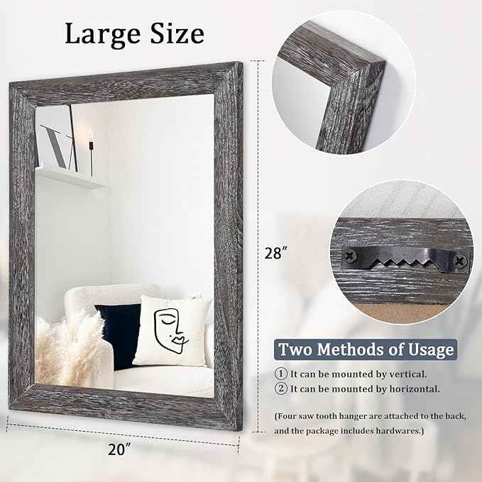 AAZZKANG Wall Mirror with Rectangle Wood Frame Large 28"x20" Rustic Decorative Hanging Mirrors for Bedroom Bathroom Living Room Home Office