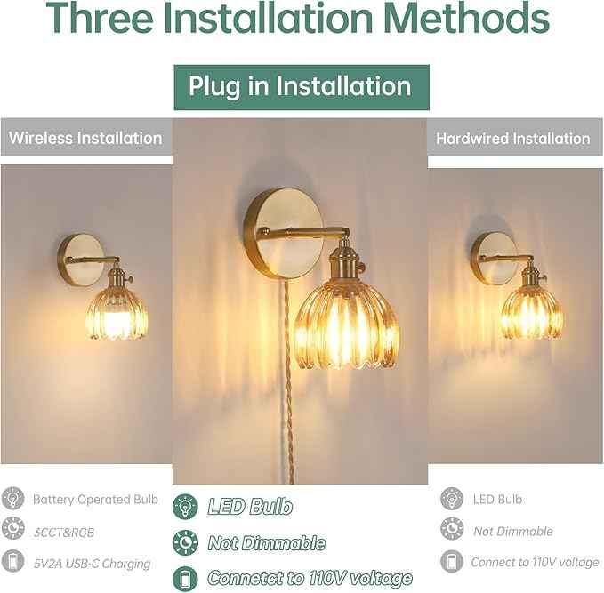 Plug in Wall Sconce, Amber Tulip Glass Lampshade Wall Light Plugin Corded for Bedside Bedroom Doorway, 2 Pack
