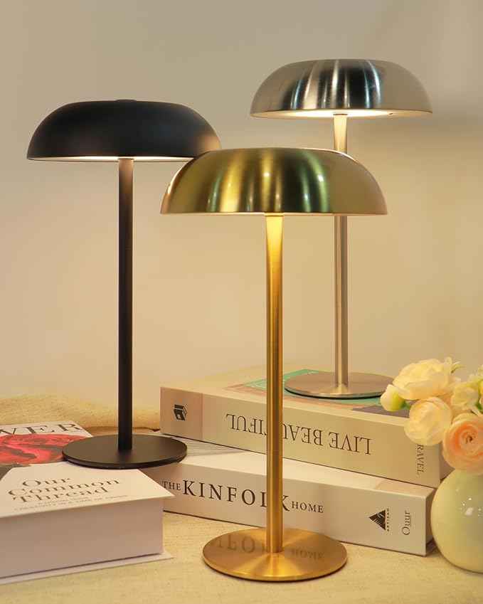 Portable Mushroom Table Lamp with 5200mAh Battery, Cordless LED Night Light with Stepless Dimming, 3 Color Modes & Adjustable Height for Bedroom, Patio, Bar Decor and Coffee Shop Ambiance (Balck-tall)