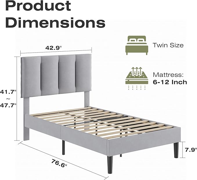 VECELO Twin Size Bed Frame with Upholstered Headboard, Heavy-Duty Bedframe with Wooden Slats & Steel Framework, Easy Assembly, Light Grey