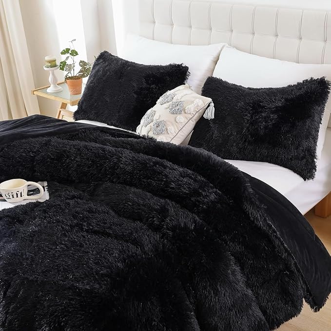Smoofy Fluffy Full Size Comforter Set, Faux Fur Comforter Set, Luxury Fuzzy Bedding Set, Soft Shaggy Full Bed Set for All Season, 3 Pieces - 1 Comforter & 2 Pillowcases, Black