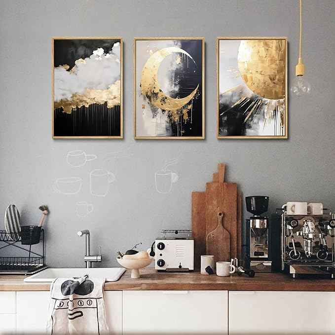 3Pcs Black and Gold Abstract Canvas Wall Art Sun Moon And Cloud Posters Prints Maximalist Pictures Wall Decor For Living Room, Bedroom,bathroom Decoration Unframed