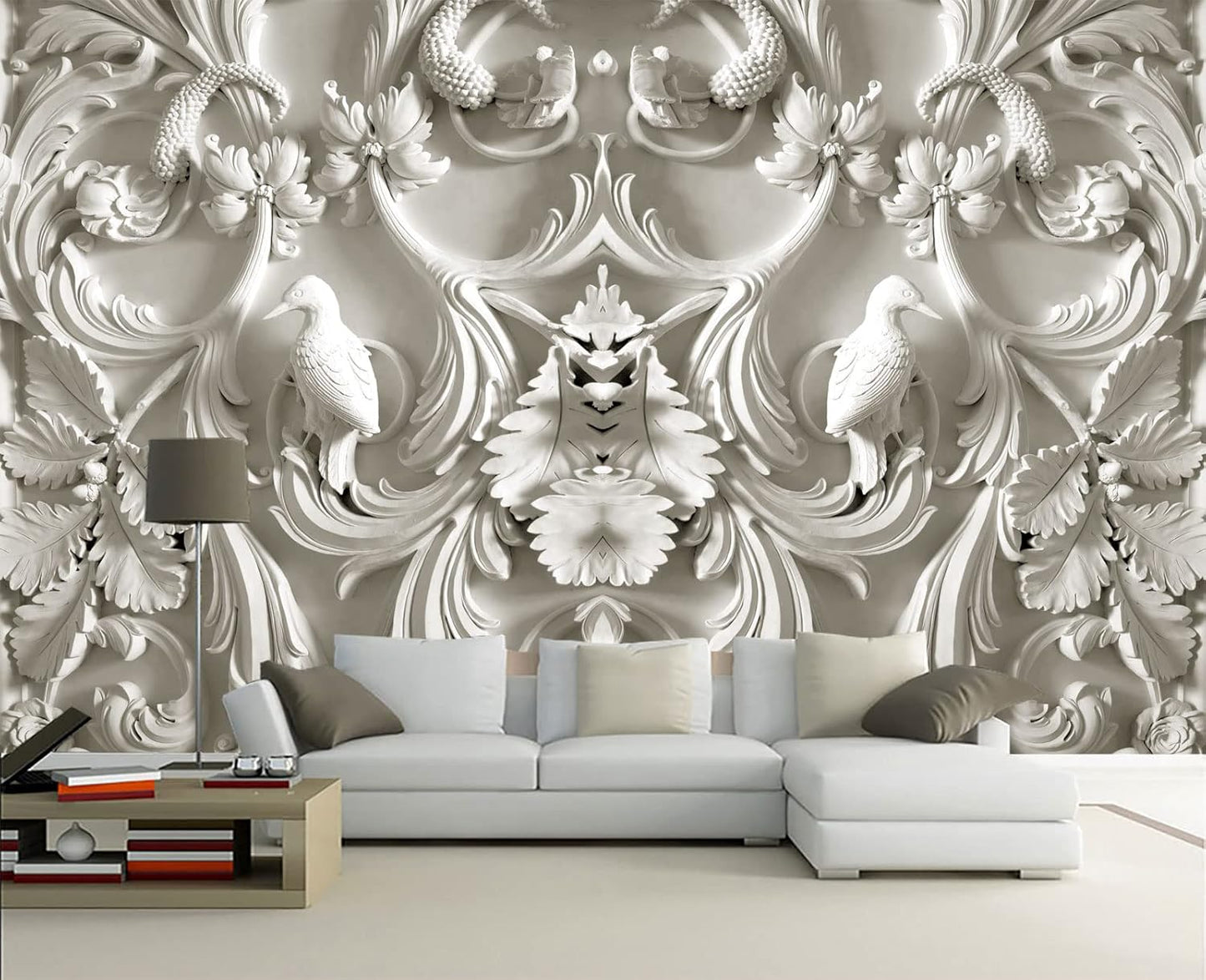 White Gypsum Art Wall Mural Wallpaper for Bedroom 137" x 100"