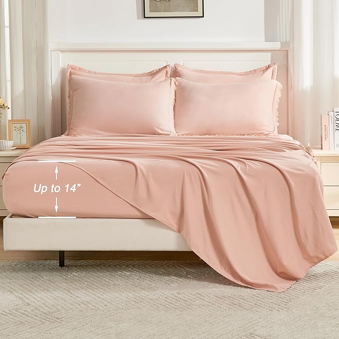 Andency Pink Full Size Comforter Set with Sheets - 7 Pieces Boho Tassel Bed in a Bag Soft Lightweight Bedding Sets, Pink Fringe Bed Set with Comforter, Sheets, Pillowcases & Shams