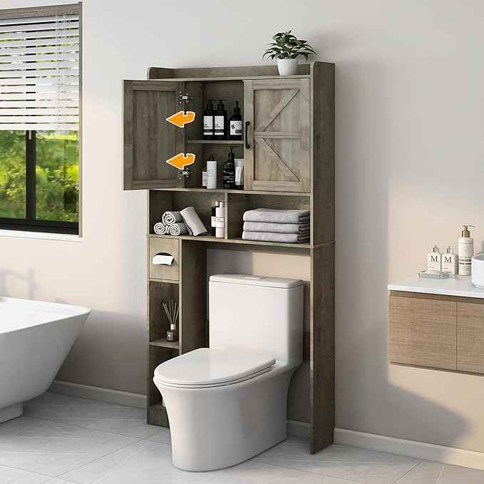 Vabches Over The Toilet Storage Cabinet, Farmhouse Storage Cabinet Over Toilet with 2 Barn Door & Toilet Paper Holder Stand，Home Space-Saving Toilet Rack, for Bathroom, Restroom, Laundry