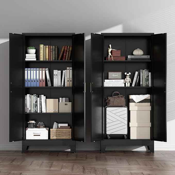 COFaR Black Farmhouse Storage Kitchen Pantry Cabinet with 2 Barn Door, 3 Adjustable Shelves and Legs, for Cupboard/Dining Room/Bathroom/Living Room/Office/Laundry Room (Black, 61" Farmhouse)