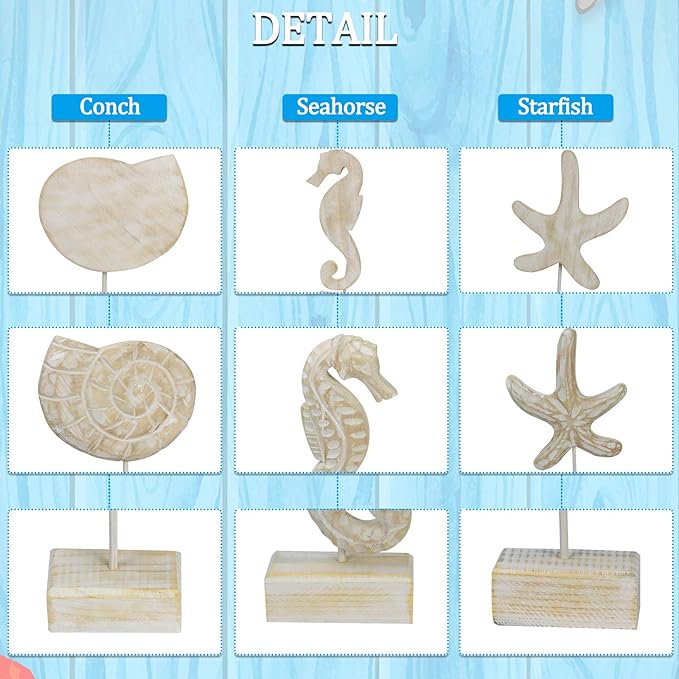 3pcs Wood Handmade Beach Nautical Style Figurines Starfish/Conch/Seahorse Statue Home Decor Beach Decor Coastal Decor