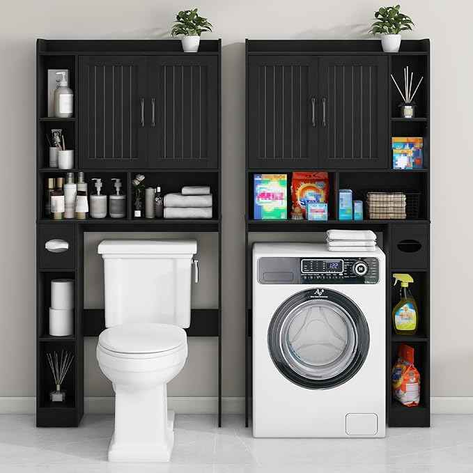 Vabches Over The Toilet Storage Cabinet, Farmhouse Storage Cabinet Over Toilet with Barn Door, Home Space-Saving Toilet Rack, for Bathroom, Restroom, Laundry（Black）.