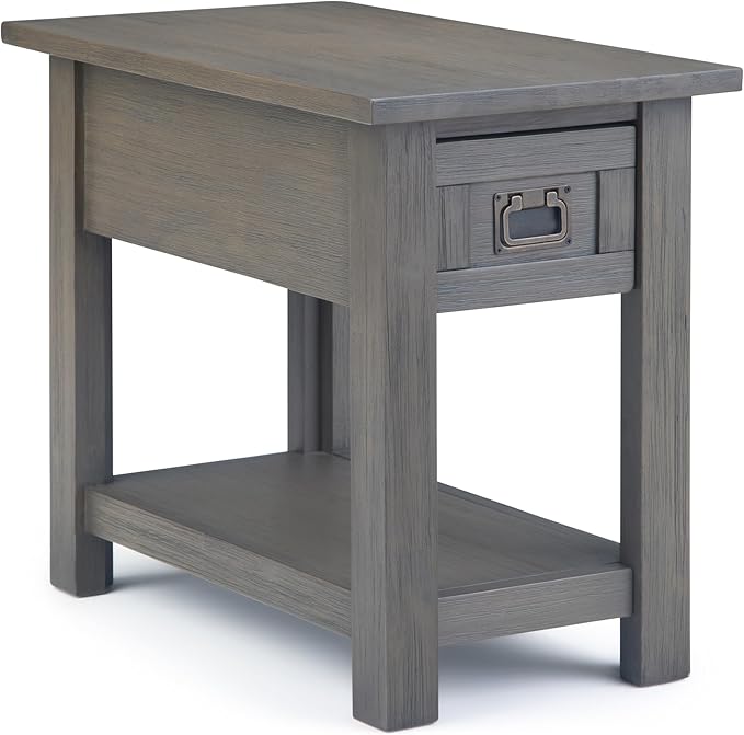 SIMPLIHOME Monroe Narrow Side Table – 14 inch Wide Solid Acacia Wood Narrow End Table in Farmhouse Grey, Rustic Contemporary Accent Table for Living Room with Drawer and Shelf