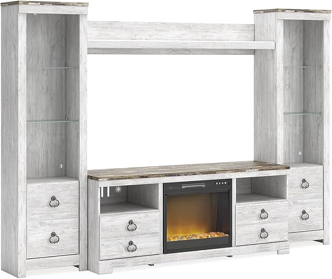 Signature Design by Ashley Willowton Coastal 4-Piece Entertainment Center for TVs up to 73" with Electric Fireplace, LED Lighting and Adjustable Temperature, Beige
