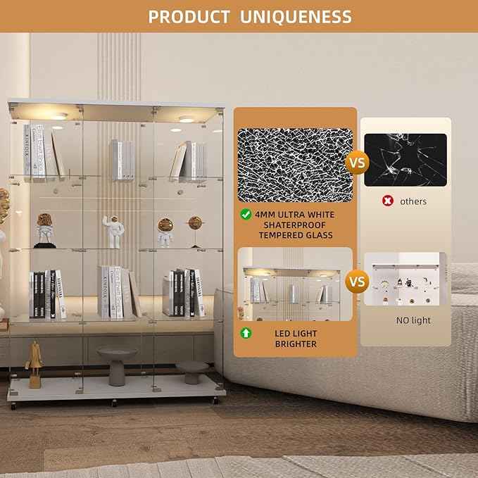 Beauty4U Glass Display Cabinet with LED Lights, Extra Large 3 Columns 2 Doors Curio Cabinets with 12 Shelves for Living Room, Bedroom, Office, White Floor Standing DIY Glass Bookshelf