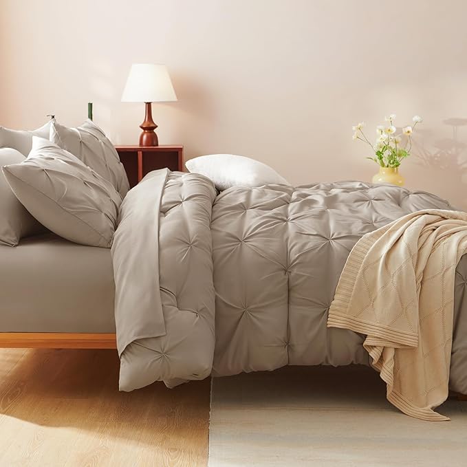 CozyLux King Size Comforter Set Khaki, 7 Pieces Pintuck Bed in A Bag Khaki Comforter King Size, Pinch Pleat Bedding Set with All Season Comforter, Sheets, Pillowcases & Shams