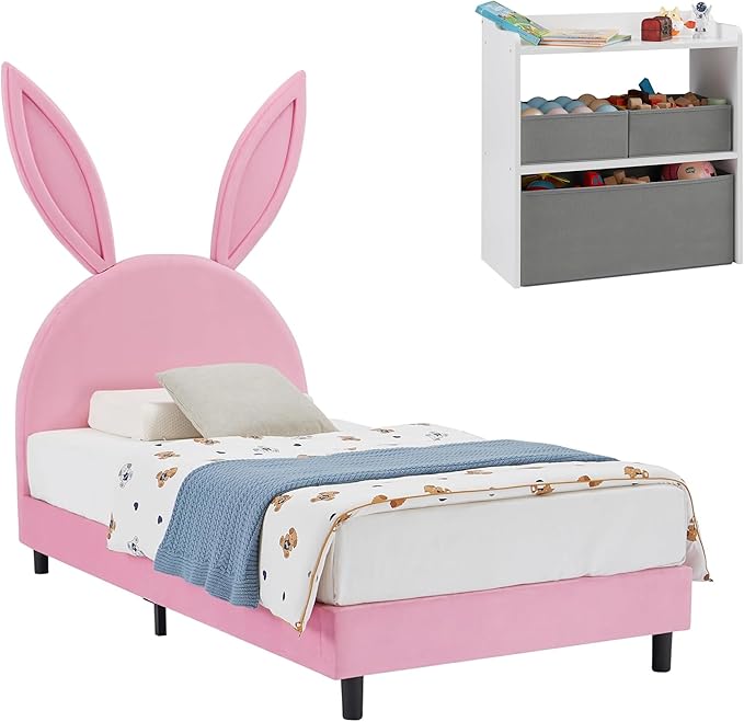 VECELO Twin Size Bed Frame with Storage Organizer, Heavy-Duty Platform with Rabbit Shaped Headboard for Girls Kids Room, Storage Organizer, Easy Assembly, Pink