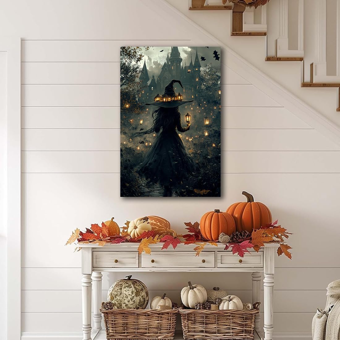 Halloween Witch and Haunted House Canvas Wall Art,Dark Academia Scary Witch Castle Posters Prints,Thriller Horror Gothic Wall Decor Pictures for Halloween Party House Decoration,24"x36" Unframed