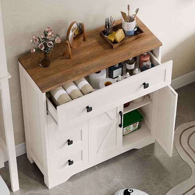 Vabches Farmhouse Storage Cabinet with 2 Doors and 4 Drawers, Freestanding Bathroom Storage Cabinet Kitchen Pantry, Floor Hutch Cupboard for Living Room/Bathroom/Kitchen.(Antique White
