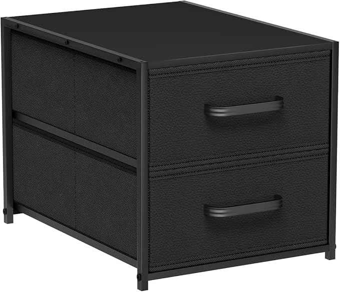 Stackable Storage Drawers - 2 Tier Closet Drawers, Closet Organizer with Metal Handles, Night Stand with Collapsible Bins, Fabric Dresser for Bedroom, Dorm, Office, Black, 1 Pack
