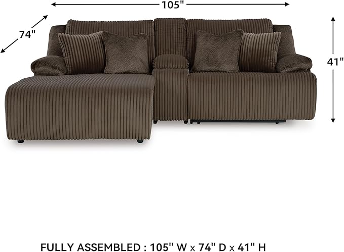 Signature Design by Ashley Top Tier Contemporary L-Shaped Left-Arm Facing 3-Piece Reclining Sectional Sofa with Chaise, Console Storage and 4 Accent Pillows, Dark Brown