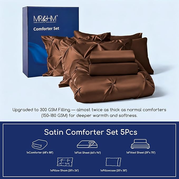 MR&HM Satin Comforter Twin 5 Pieces - Luxurious Pinch Pleat Bedding Set with Comforter, Flat Sheet, Fitted Sheet, Pillowcase & Sham, Super Silky Soft Bed Set for All Season (Twin, Brown)